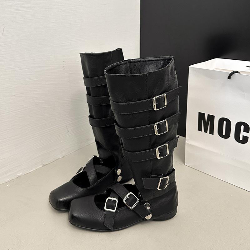 

Retro belt buckle hollow boots women s 2025 summer and autumn new flat-bottomed fried street cool boots two wear Mary Jane shoes 39 чёрный