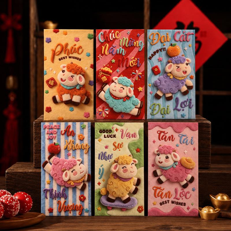 Cute 3D Sheep Red Pockets Colorful Vietnamese Wishes Print for Tet Family Gifting Occasions