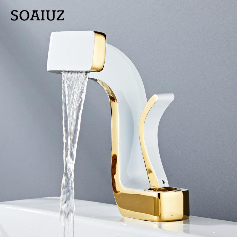 Tuqiu Bathroom Faucet Brass Gold White Bathroom Basin Faucet Cold And Water Mixer Sink Tap Deck Mounted