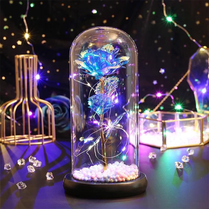 LED Rosegold Folie Konservierte Blume Glaskuppel - Kreatives Geschenk für Valentinstag & Frauentag