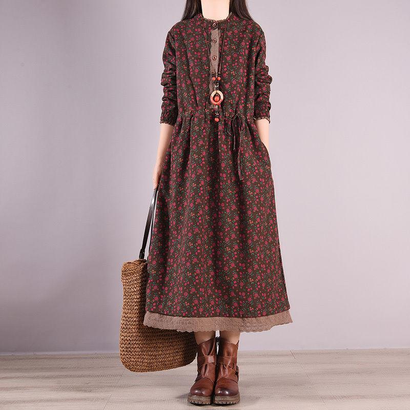 

Осіннє плаття з бавовни та льону в японському стилі з принтом у стилі печворк. Жіночі повсякденні вільні весняні сукні XXL кавовий