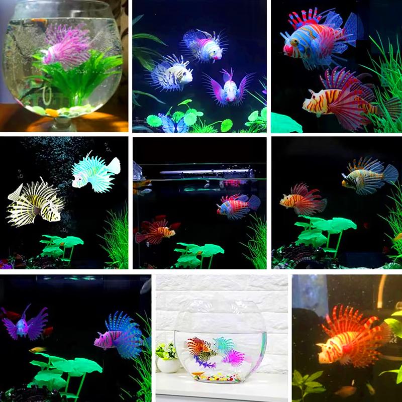 1/4pcs Aquarium Ornament Non-Toxic Home Decor Realistic Silicone Lionfish Floating Fake Fish Glow-in-the-Dark Artificial