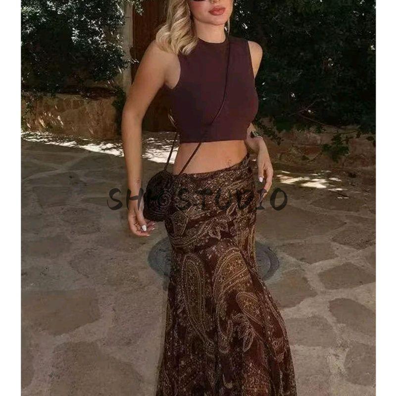 Autumn New Women's Clothing French Vintage Style Ruched Decorative High Waist Print Silm Mid Length Long Length Midi Skirt Skirt