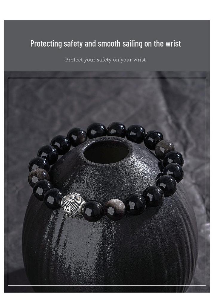 Teqiya Black Obsidian and Pure Silver Men's Beaded Bracelet - Six-Character Mantra Retro Design.