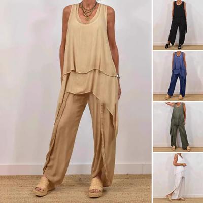 Kadınlar için İki Parça Kıyafetler Günlük Kolsuz Düzensiz Üst Geniş Paça Pantolon