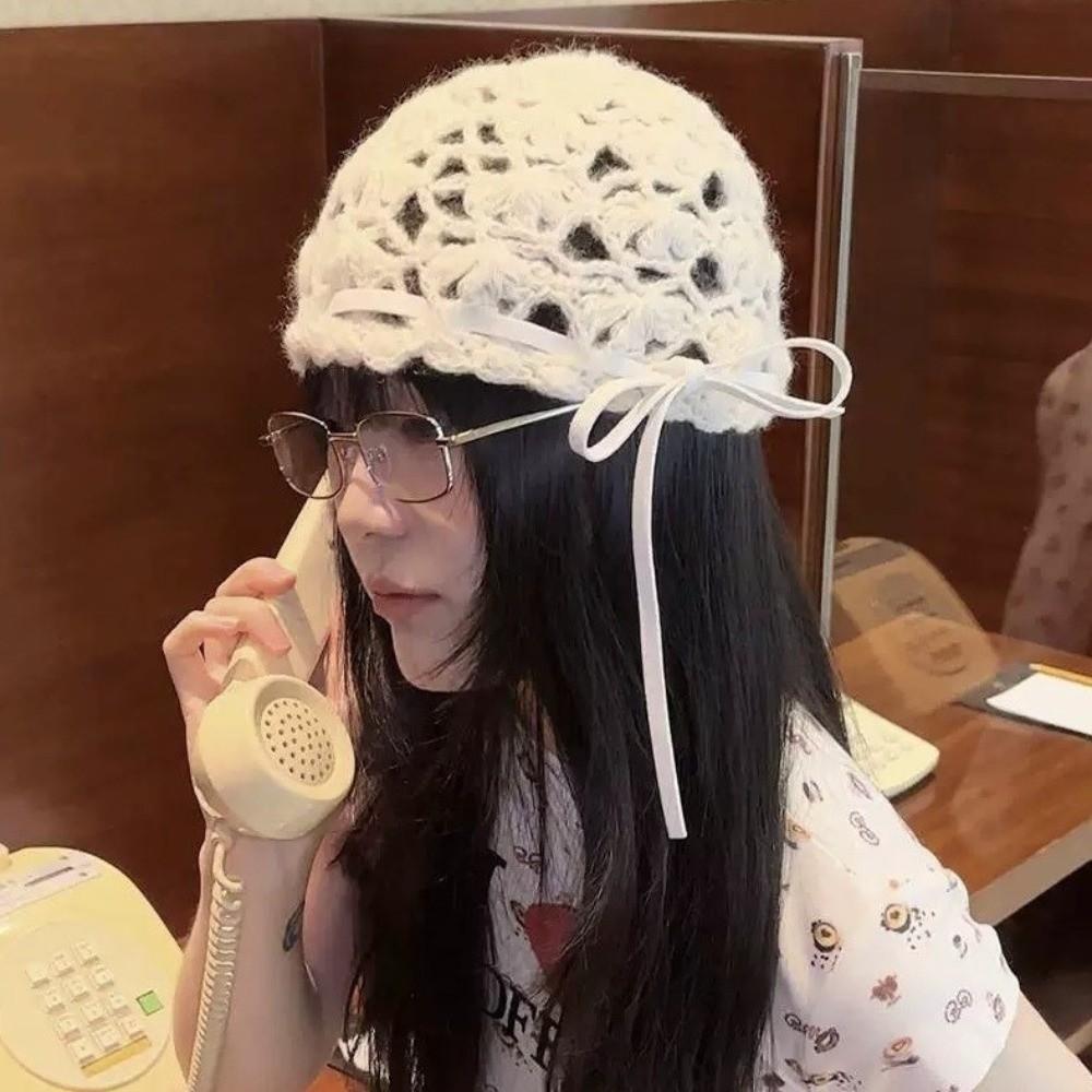 Bow Knit Beanies Strapped Ethnic Style Hat Casual Crochet Hollow Knitted Hat  Apparel Accessories