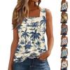 Women's Summer Casual Pleated Square Neck Sleeveless Tank Top Printed T-Shirt