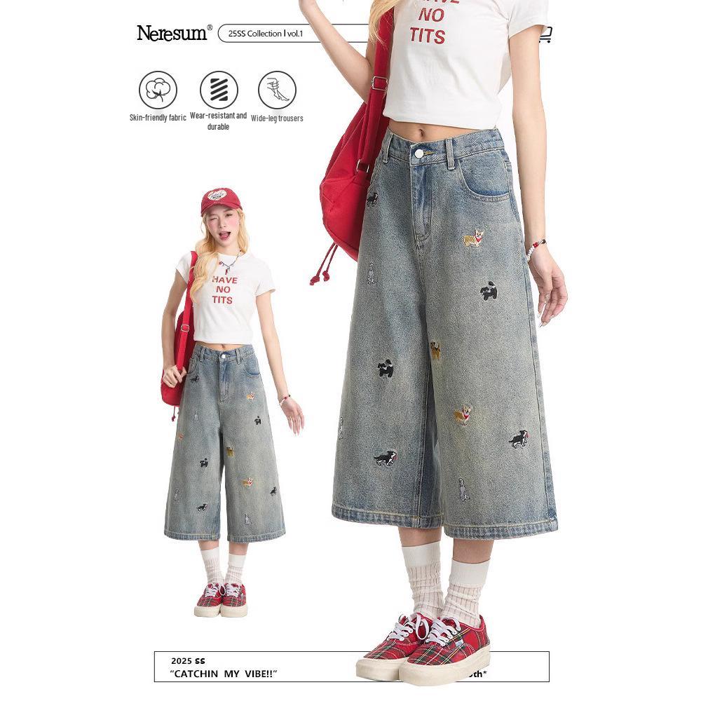

Women s Cute Puppy Embroidered Capri Pants - Summer 2025 Loose, Straight, Wide-Leg, Seven-Point Fit. M світло-синій колір