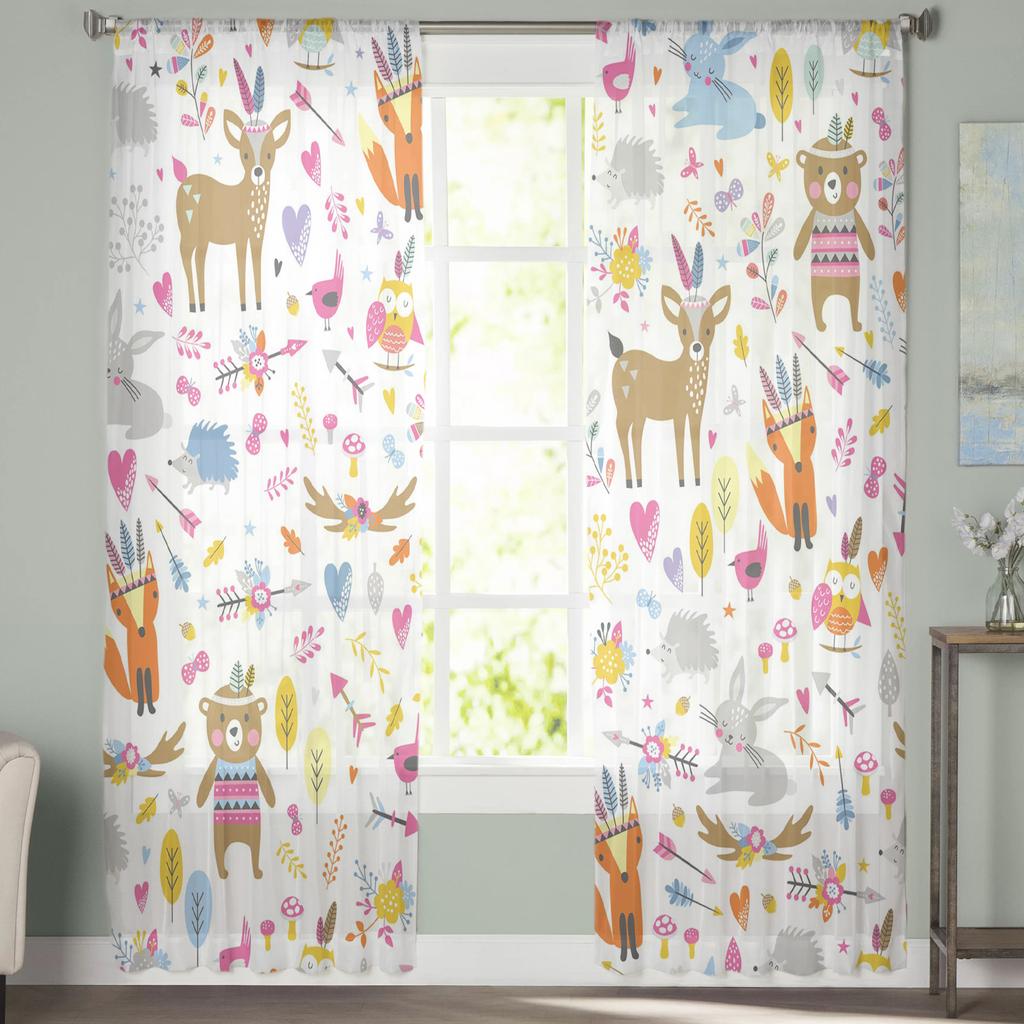 Autumn Forest Cartoon Animals Bear Fox Owl Sheer Curtains for Windows Tulle Curtains for Living Room Bedroom Children Room Decor
