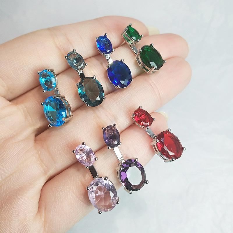 Rear Hanging Double Blue Stone Oval Diamond Suspension Earrings, Simple Colored Treasure Gift, Two Earrings.