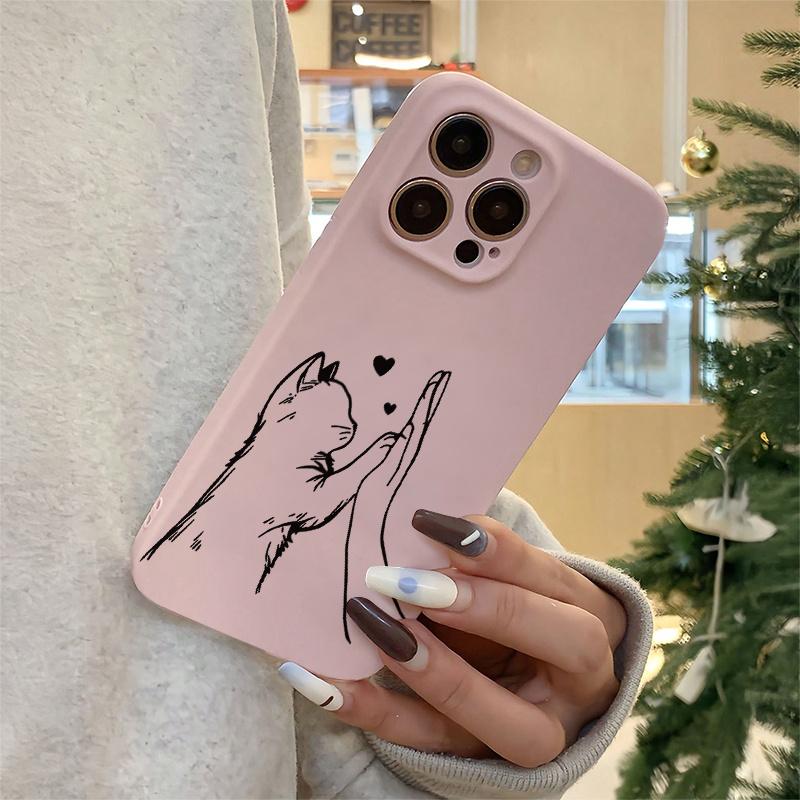 Pink cat clapping pattern phone case suitable for iPhone 17 16 15 14 13 12 11 Pro/Max/Plus anti drop and shockproof