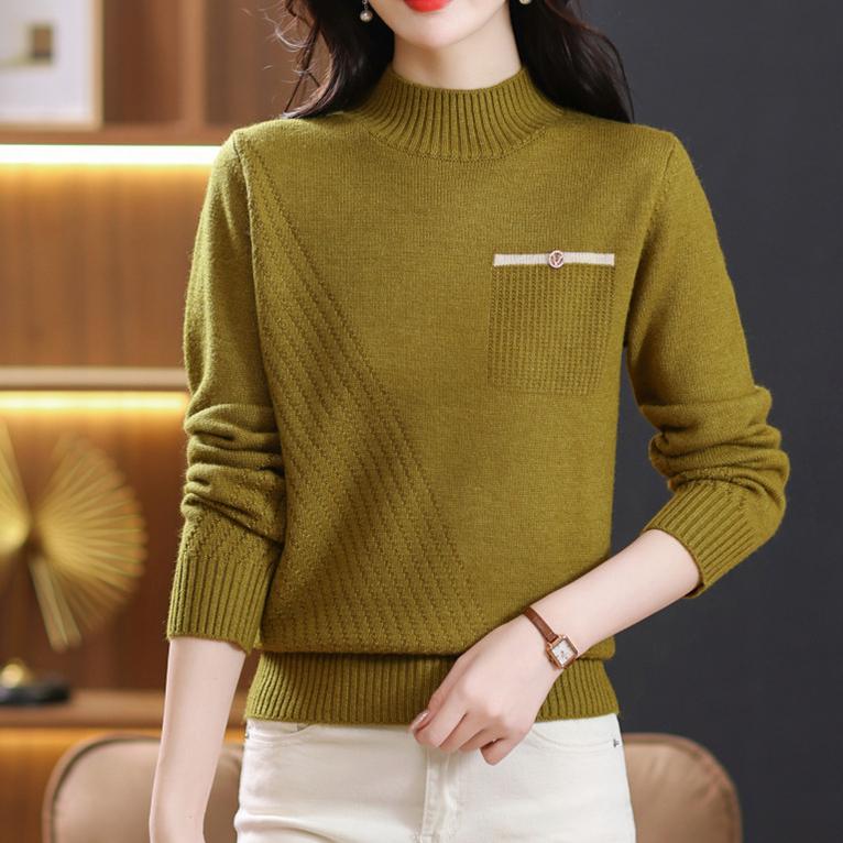 Sweater Women's Solid Color Semi High Neck Knitted Sweater Spring and Autumn Long Sleeved Casual Pullover