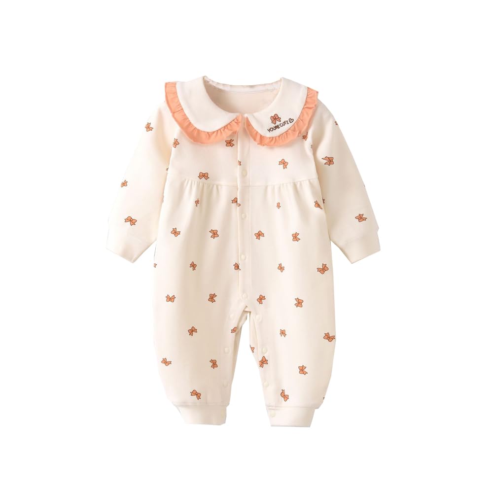 Babykoi Baby Clothes Long Sleeve Romper Spring Autumn Newborn Coveralls Front Open Collar Baby Girl Preparing for Maternity Gift Bow Pattern Orange 6M