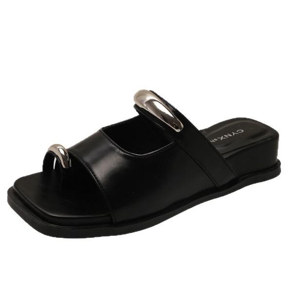 French low-heeled set of toe cool slippers for women's summer outer wear 2025 new models with skirt temperament wedge heel one-word sandals