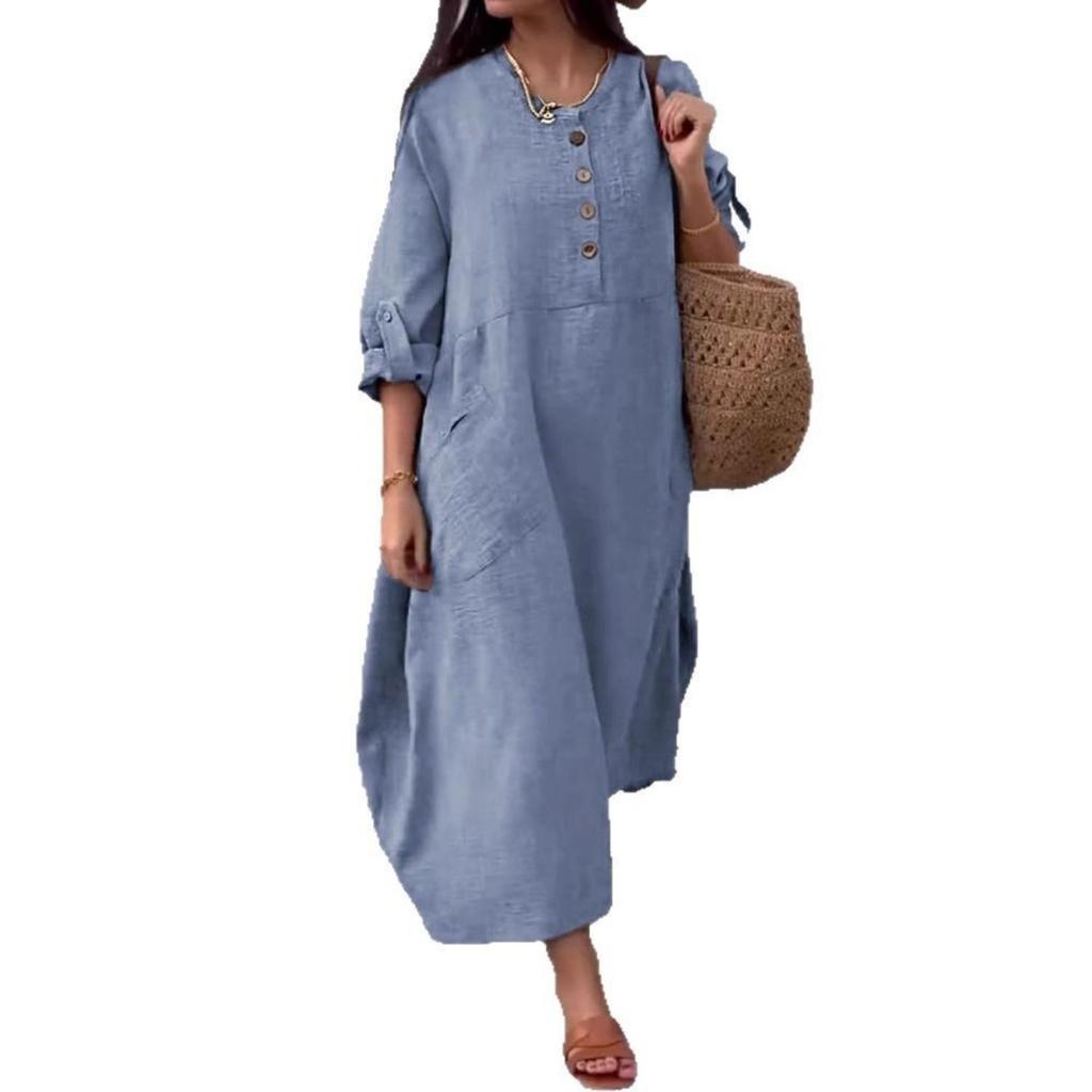 Fashion Ladies Casual Loose Retro Cotton And Linen Short-sleeved V-neck Pocket Dress