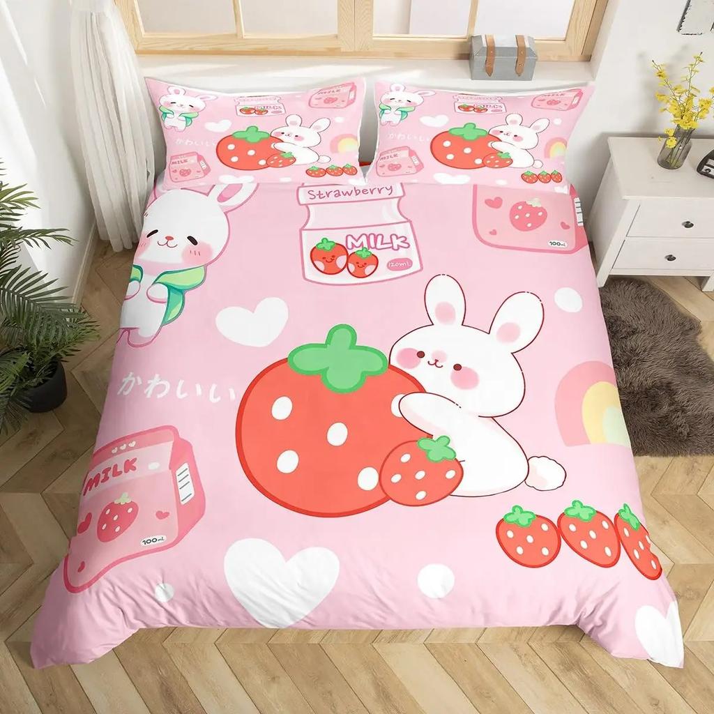 Sweet Strawberry Milk Duvet Cover King Queen Cute Bear Bedding Set Cartoon Fruits Animals Comforter Cover with 2 Pillowcases