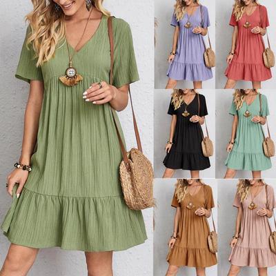 Sommer Damen Locker V-Ausschnitt Kurzarm Plissiert Damenkleid Einfarbig A-Linie Strandkleider Elegant Schlicht Bequeme Damenbekleidung