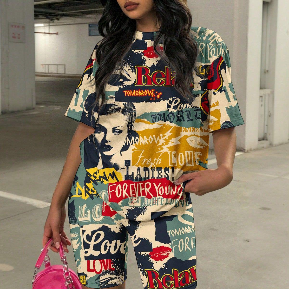 

Plus Size European Style Two-Piece Set: Digital Print T-Shirt & Capris Casual Sportswear for Women 2XL