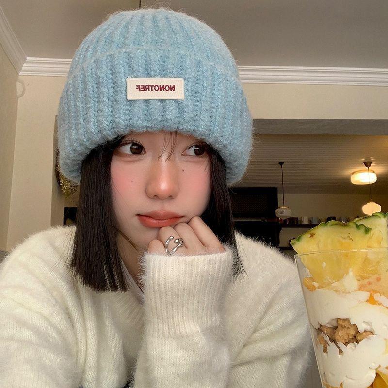 Blue Knitted Wool Hat for Women In Autumn and Winter Big Head Versatile Hat Showing Face Small Warm Ear Protection Head Hat