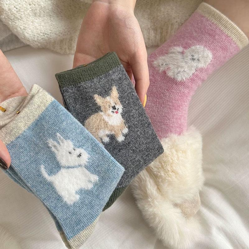 1/5pairs Women Plush Dog Warm Cotton Socks Kawaii Sweet Plush Thickened Thermal Warm Mid-tube Stockings Floor Sleep Sock