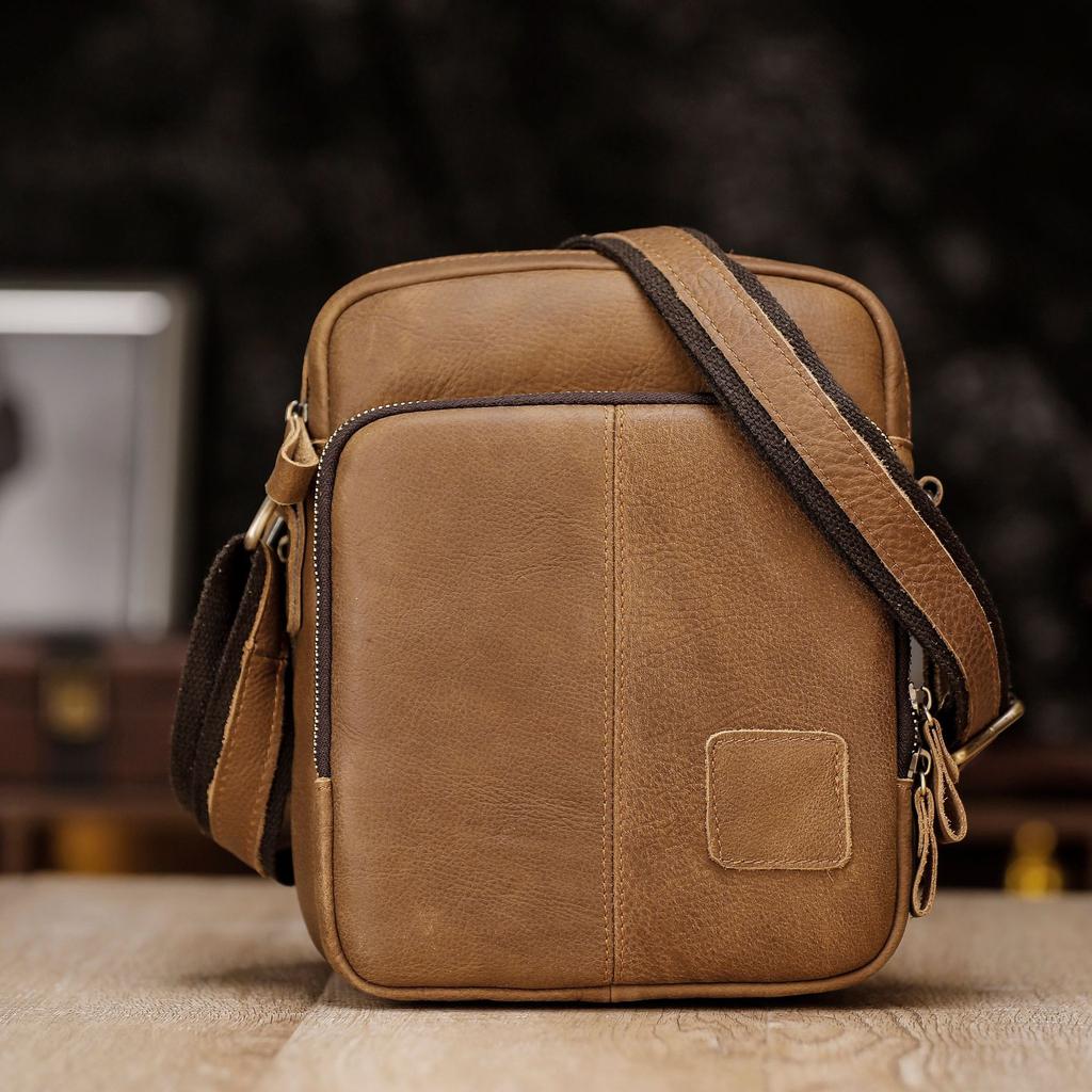 Borsa a tracolla da uomo in pelle di vacchetta pieno fiore - Spaziosa borsa a tracolla vintage per EDC, Borsa a tracolla in pelle retrò con spazio espandibile