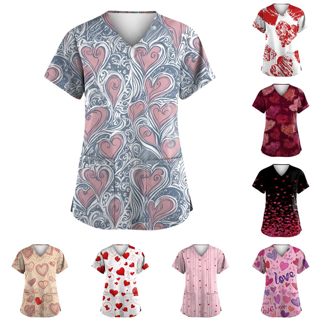 Women V Neck Printed Scrub Top Short Sleeve Uniform with Heart Pattern Two Front Pockets Comfortable Fit