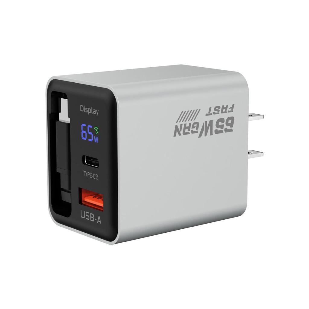 65W GaN Charger with Retractable Cable & Digital Display for Apple & Huawei