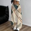 Women Plus Size Beige Abstract Printed Drawstring Loose Straight Leg Full Length Pants