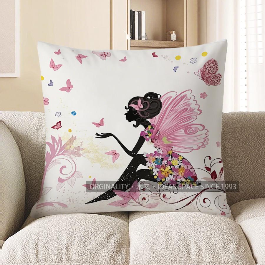 

Home Decor Fairy With Flower Dress And Butterfly Pillow Cover Pattern Cushion Cover Suitable For Sofa Bedroom Car Pillow Cover 40x40cm