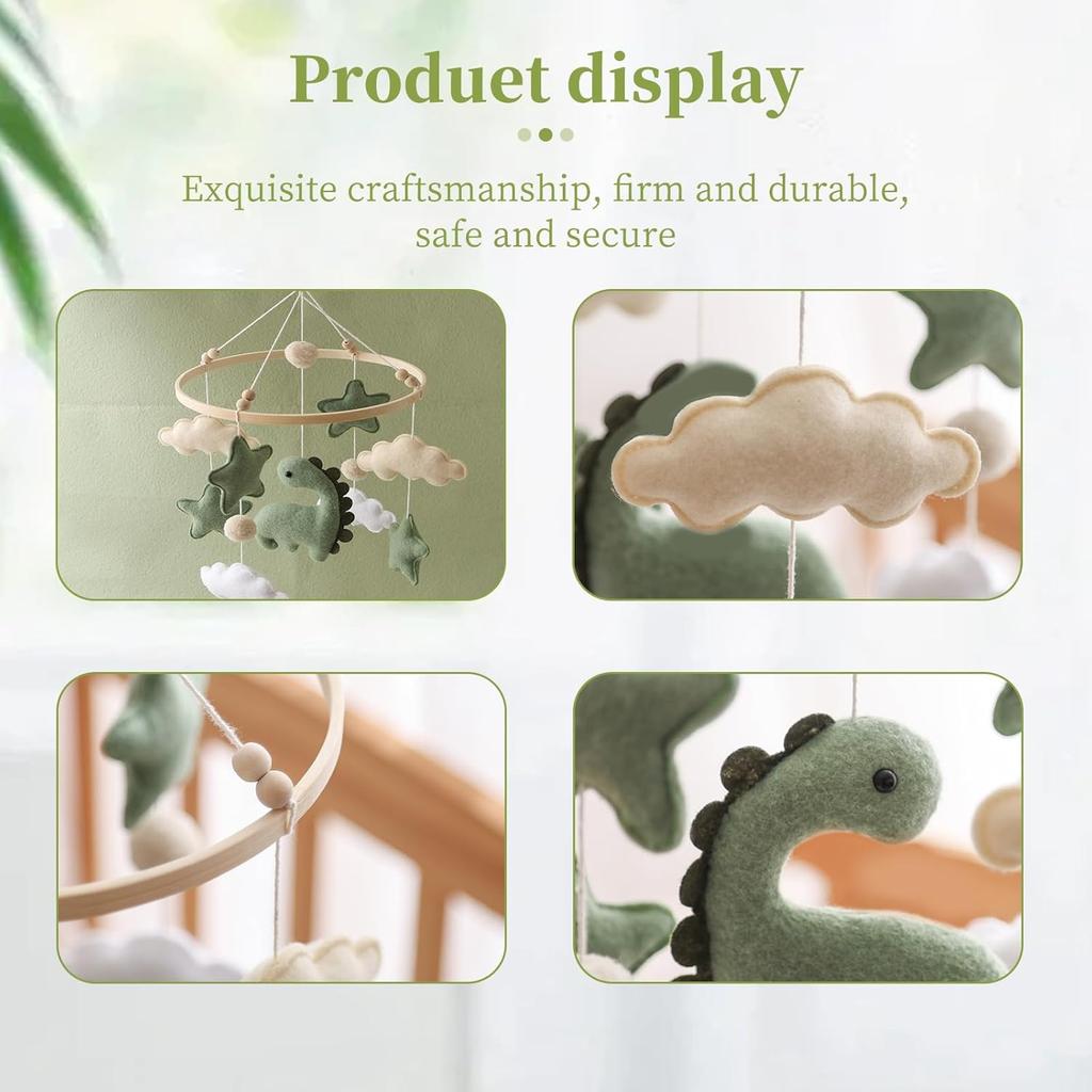 Soft Green Dinosaur Theme Baby Mobile for Crib, Simple Crib Bell for Boys and Girls,Handmade Felt Clouds Nursery Ceiling Decoration,Easy to Install