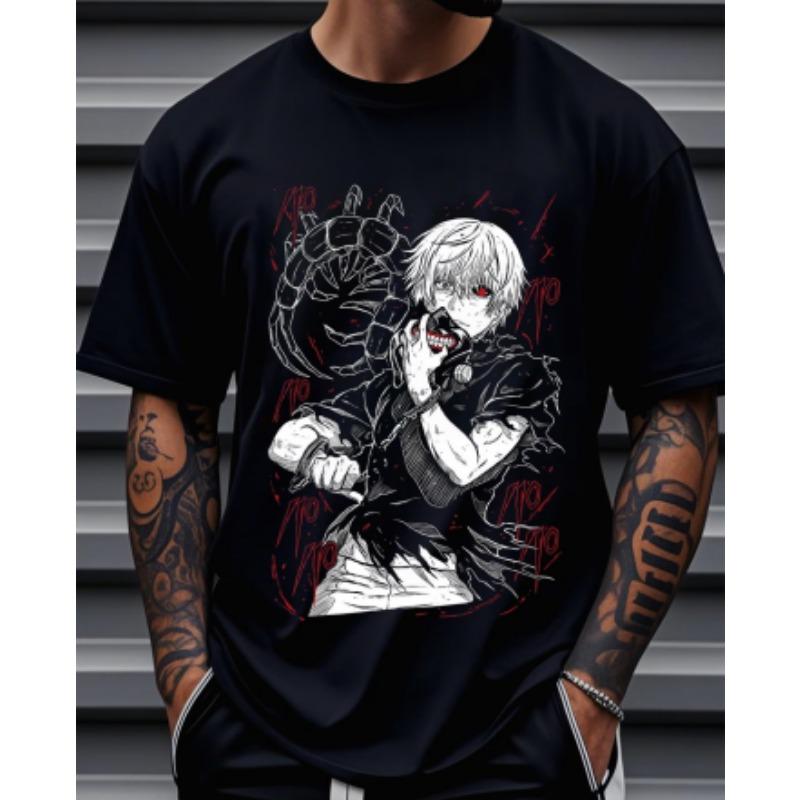 Men's Anime Print T-Shirt - Anime Character Print Crew Neck Short Sleeve Shirt, Machine Washable, Suitable for Anime Apparel and Party Outfits
