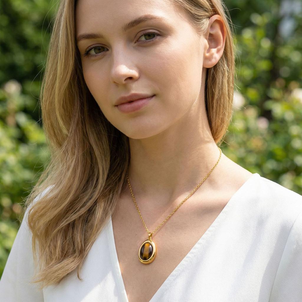 Gold Tone Oval Natural Stone Pendant Necklace, Vintage Cabochon Gemstone Chain for Women Gift