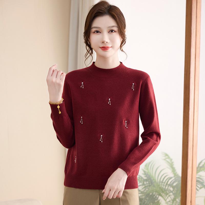 

Spring 2026 Embroidered Knit Sweater: High Neck Base Layer for Middle-Aged & Elderly Women XL (120-130 jin) красный