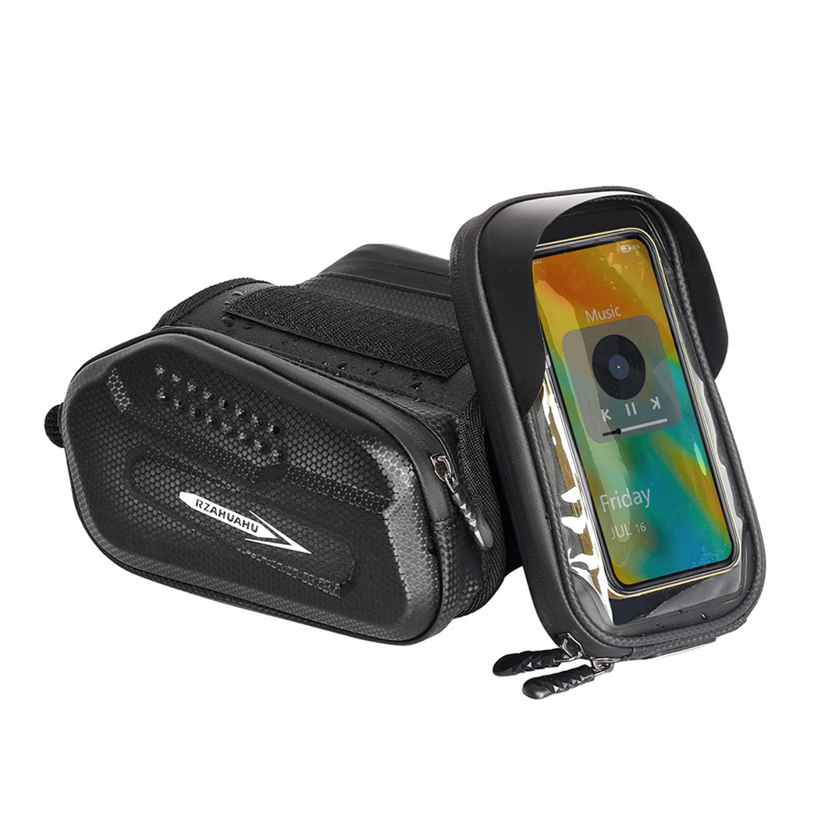 Bike Top Tube Bag Hard Exterior with Bike Phone Holder Bag Touchscreen Compatible Headphone Jack Large Capacity Rainproof Riding
