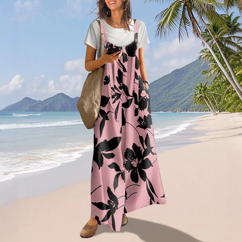 Casual Wide Leg Jumpsuits For Women Boho Floral Pleated Overalls Rompers Summer Outfits With Pockets