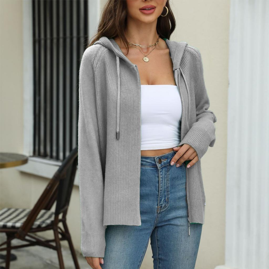 Cárdigan de punto para mujer, color sólido, con capucha, cremallera, suéter de punto, otoño e invierno, suéter con cordón, chaqueta cárdigan para mujer