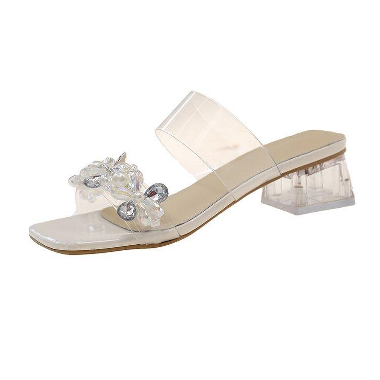 

Модные крутые шлепанцы на высоком каблуке женские 2025 весенняя новинка фея инкрустированные кристаллами бриллиантами надпись с прозрачными крутыми шлепанцами 40