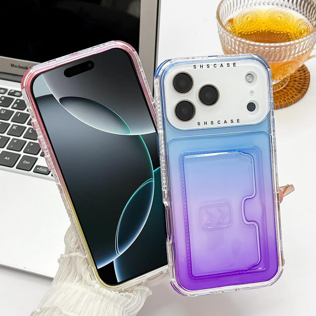 For iPhone 17 Pro Case Card Holder Gradient Color PC+TPU Anti Drop Phone Back Cover with Lens Film