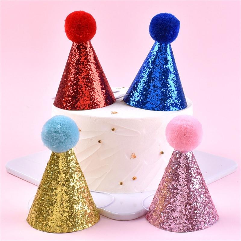 Birthday Pet Hat Dog Cats Headgear Birthday Costume Glittering Hat Studded Pompoms Dog Christmas Hat