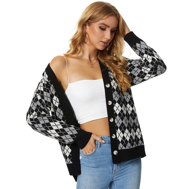 Casual Plaid Printted Cardigan Women Sweater Autumn Knitted Open Stitch Single Breasted Loose Ladies