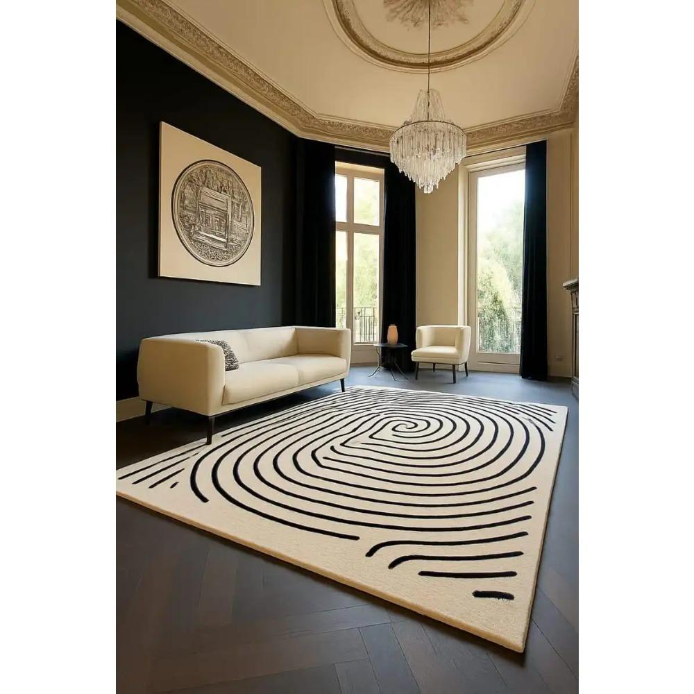 Abstrakt Linjekonstmatta – Nordisk Labyrint Golvmatta för Heminredning - Svartvit Matta Matsalsmatta