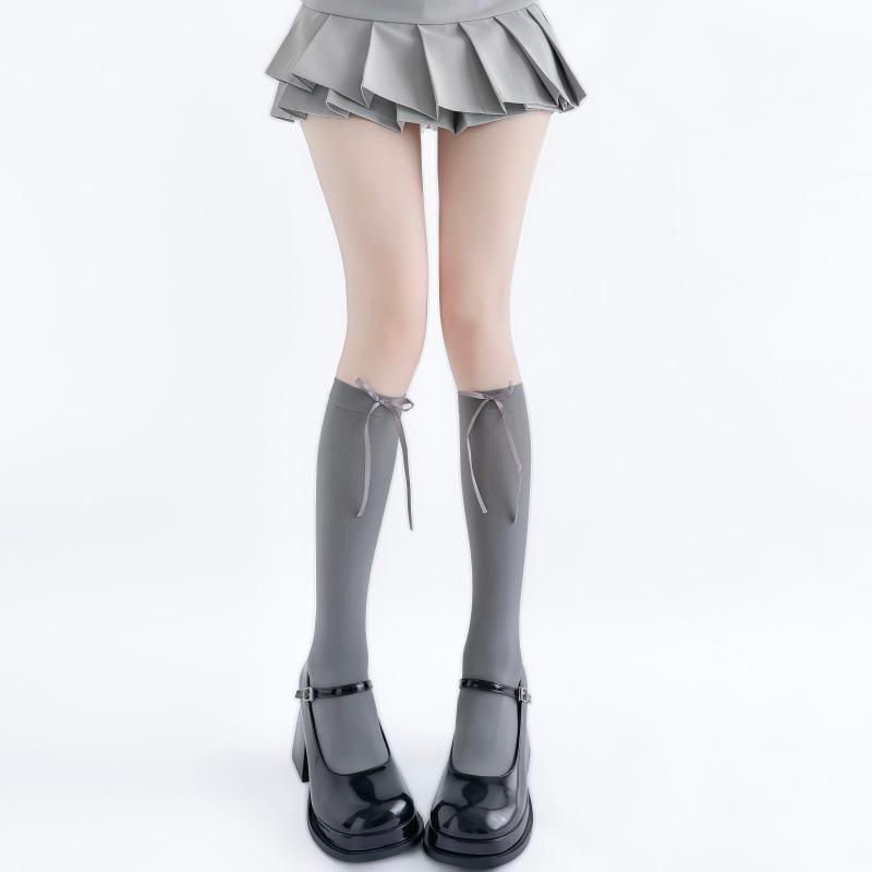 Lolita Socks Bow Knee Socks Calf Socks Gray JK Stockings Women's Ribbon Butterfly Long Socks