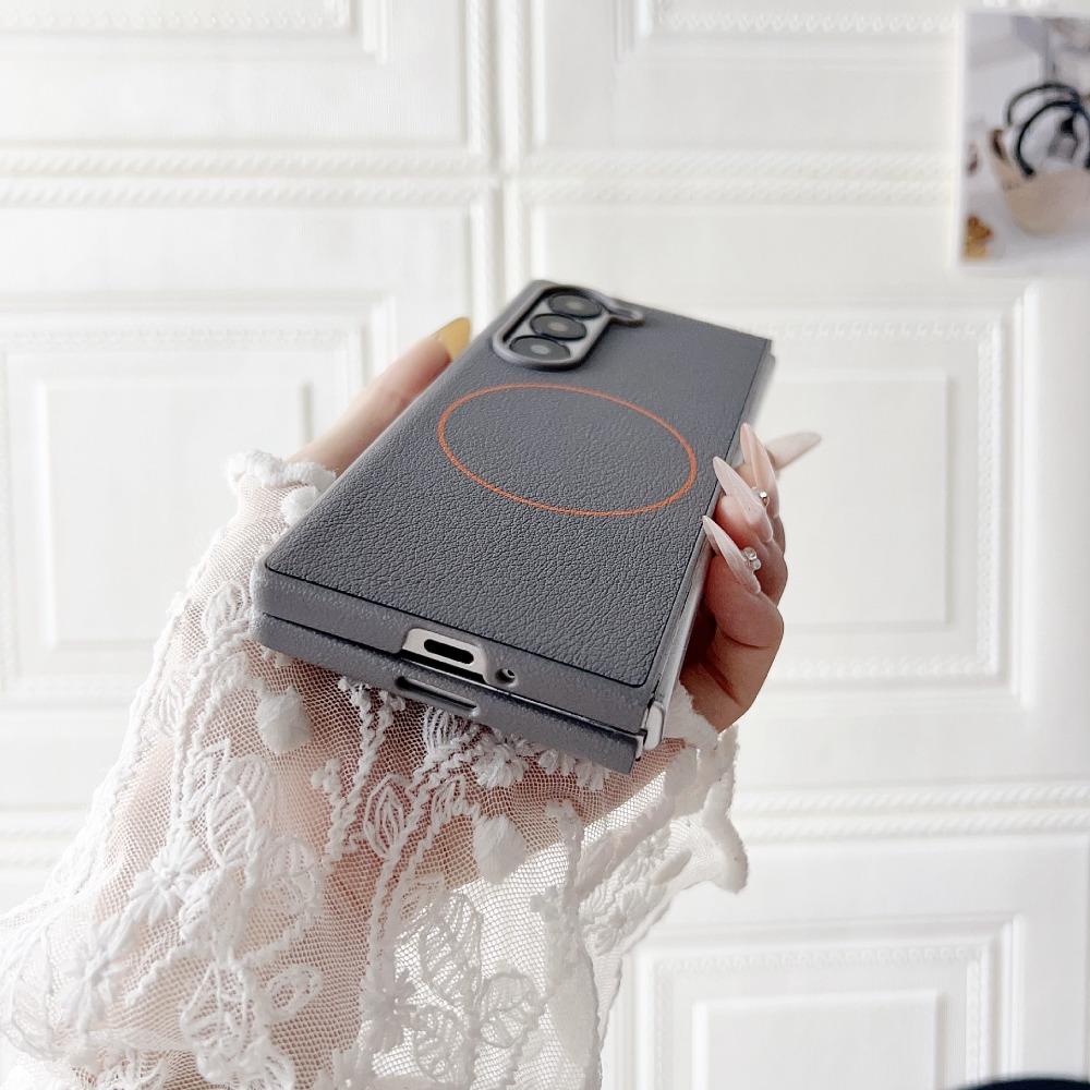 Minimalist Leather Foldable Screen Phone Case For Samsung Galaxy Z Fold 7 6 5 Fine Ring Magnetic Wireless Charging Protect Cover