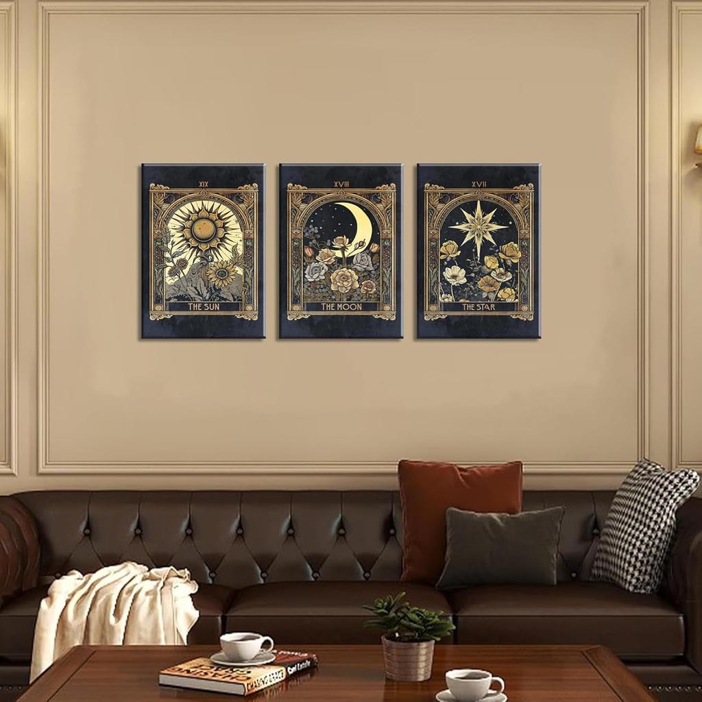 Tarot Cards Celestial Canvas Wall Art Set of 3 Boho Mystic Astrology Paintings Pictures Wall Decor Star Sun and Moon Posters Prints for Living Room