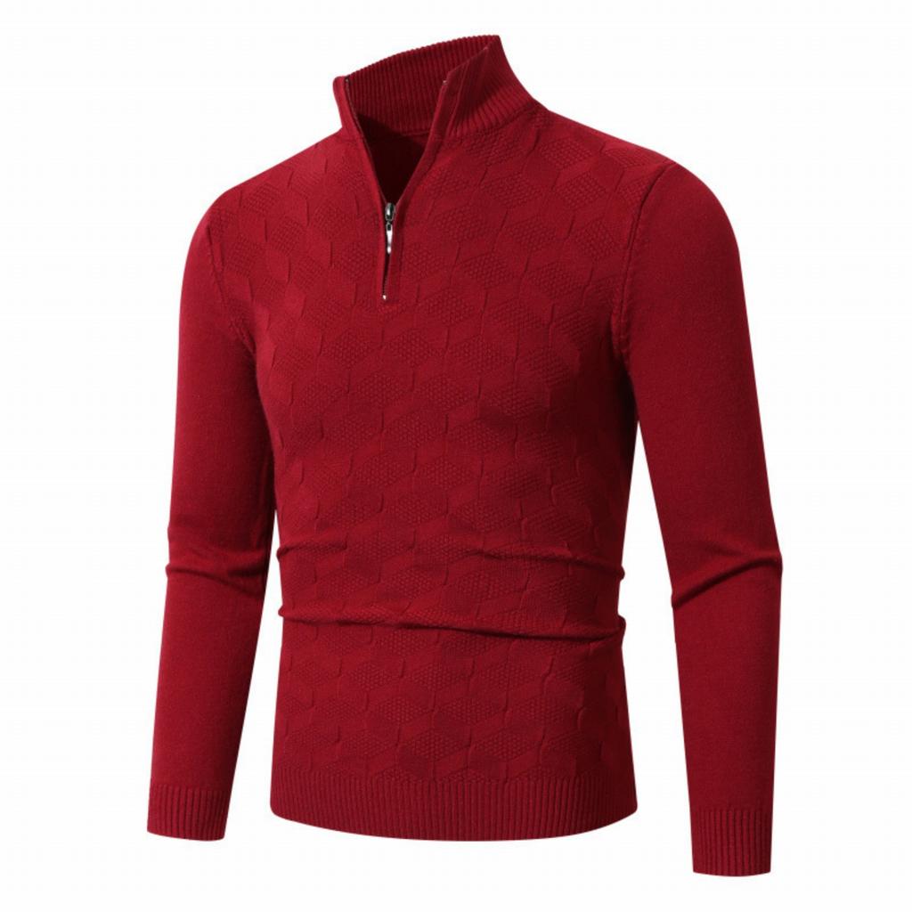 Men's Casual Solid Color Semi-zipper Stand-up Collar Knitted Sweater, Men's Fleece Warm Knitted Pullover Sweater