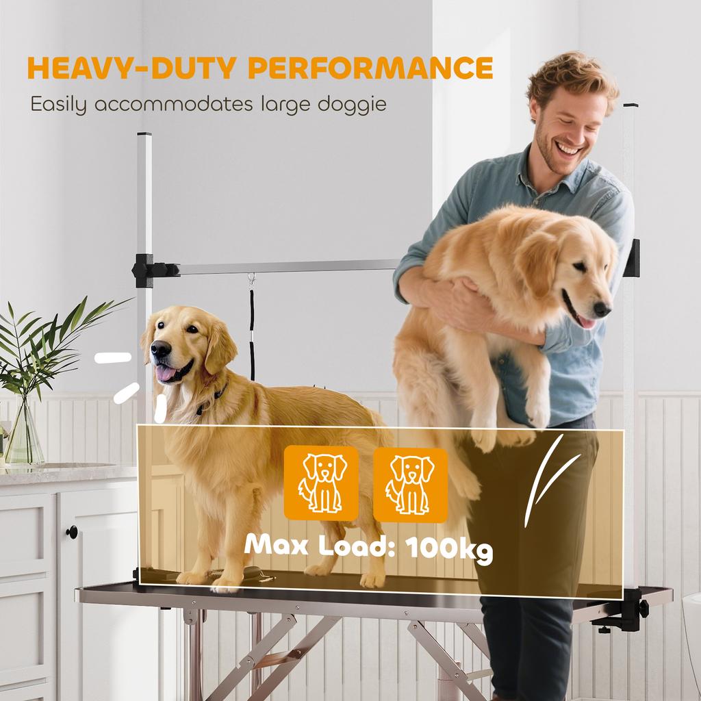 42" Dog Grooming Table, Adjustable Pet Cat Drying Beauty Table with 2 Loops Storage Basket, Rubber Top, Black