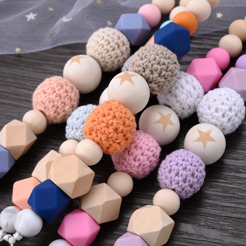 Baby Pacifier Clips Silicone Beads Wooden Crochet Ball Teething Ring Chain Nipple Clamp Dummy Holder Clip Chew Accessories