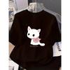 Women's White Cute Cat Print Tee Round Neck Short Sleeve Vintage Elegant Casual Sexy Fashion New Arrival Top