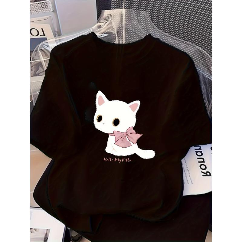 Women's White Cute Cat Print Tee Round Neck Short Sleeve Vintage Elegant Casual Sexy Fashion New Arrival Top