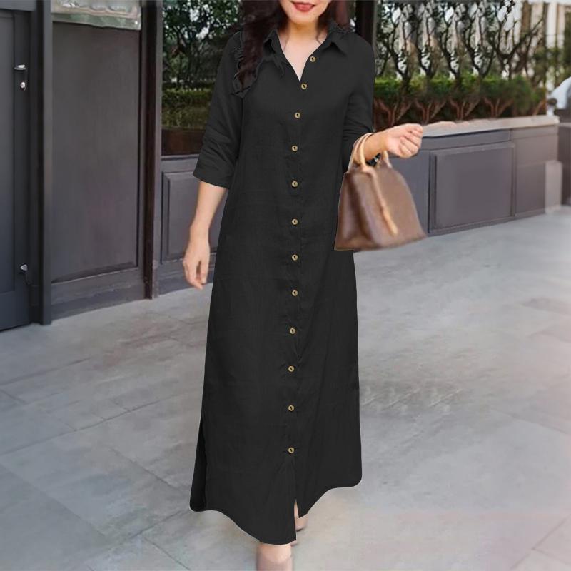 

ZANZEA Женское повседневное платье с отложным воротником, свободное, с рукавом 3/4, длинное S чёрный